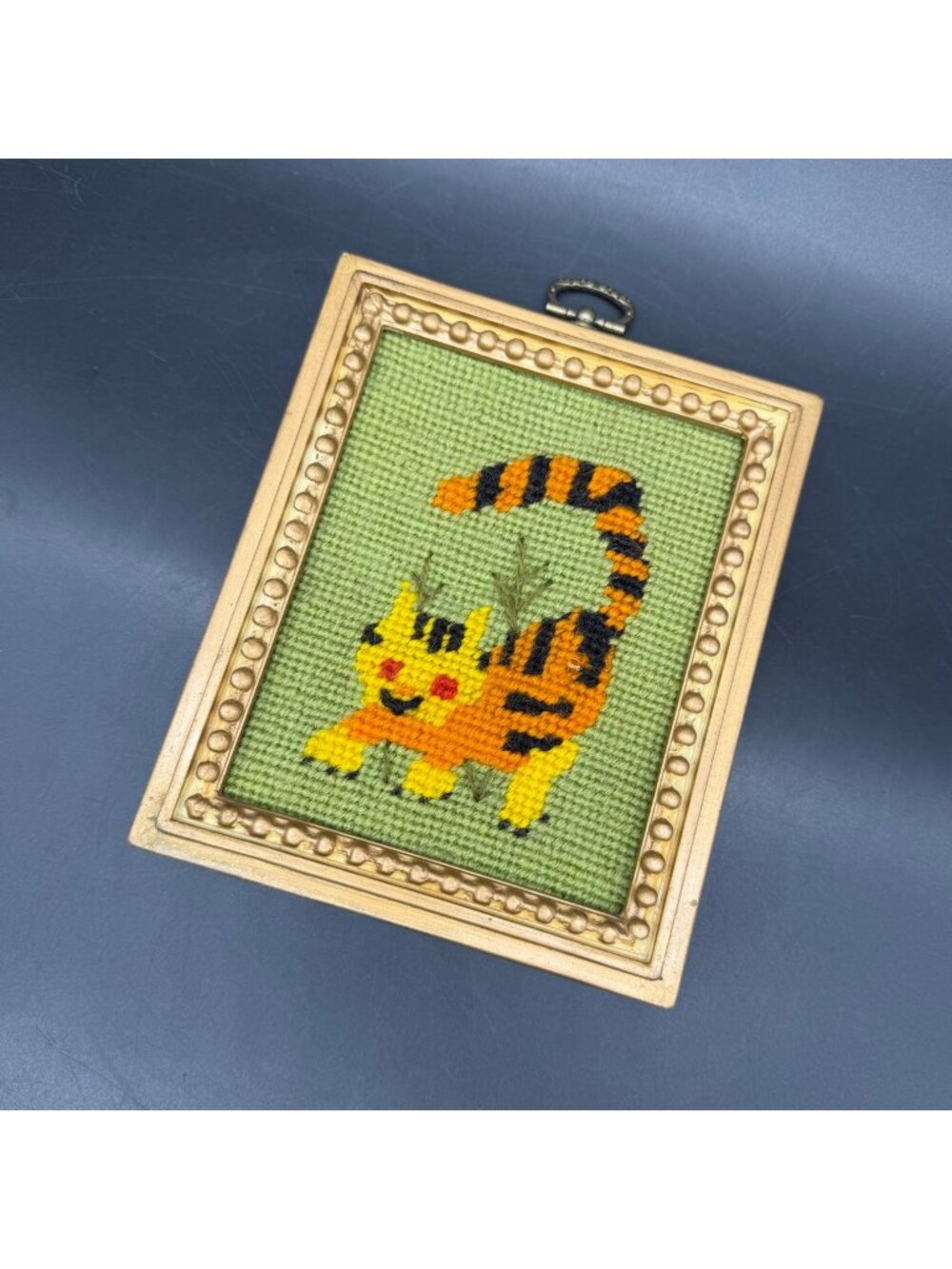 Handmade Needlepoint Tiger Cat Art Gold Frame Kitschy Decor Retro Vintage
